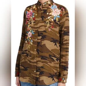 Johnny Was Amara Mandarin camo floral embroidered long sleeve shirt wome…